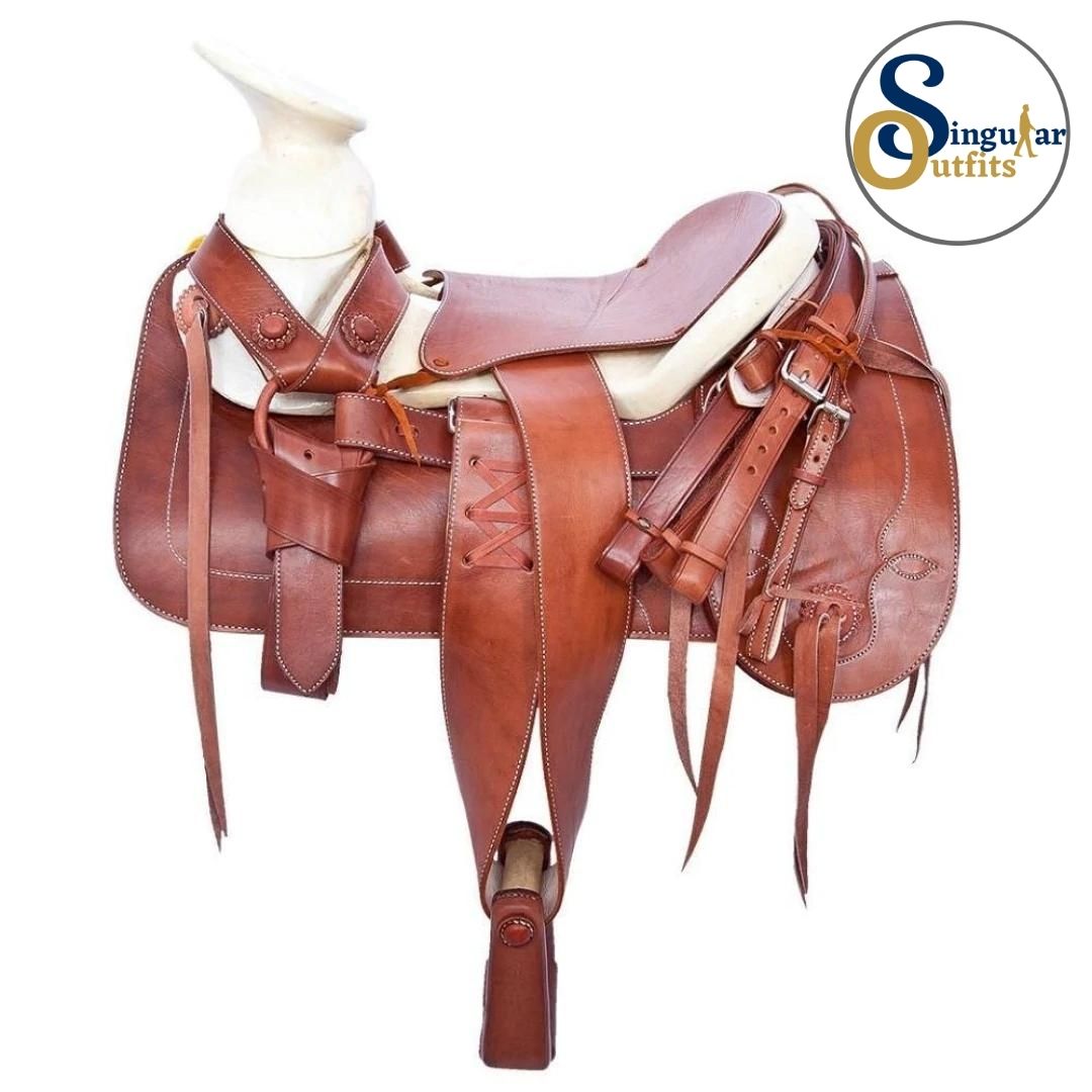 Montura charra Mexicana cafe claro basto redondo SO-TM65212 Mexican Charro Horse Saddle